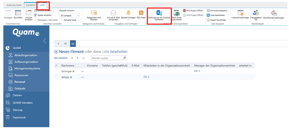 Kontaktliste mit Outlook verknüpfen