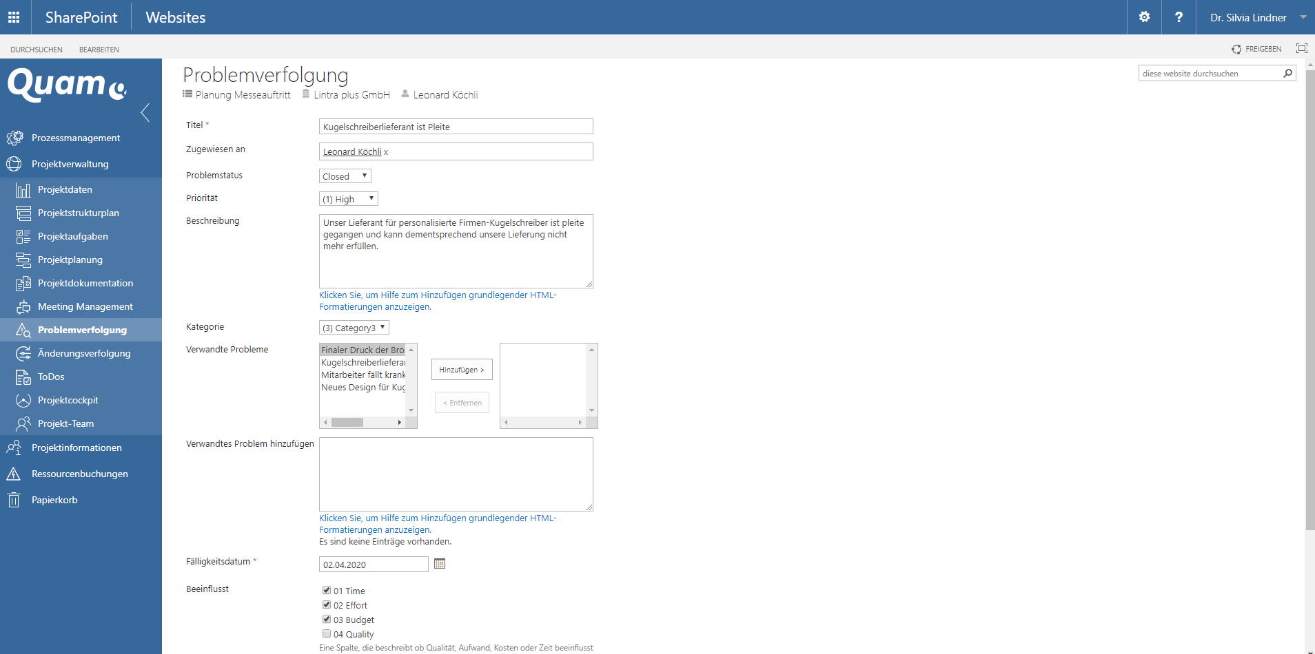 Screenshot aus Software für Problemmanagement & Änderungsanträge