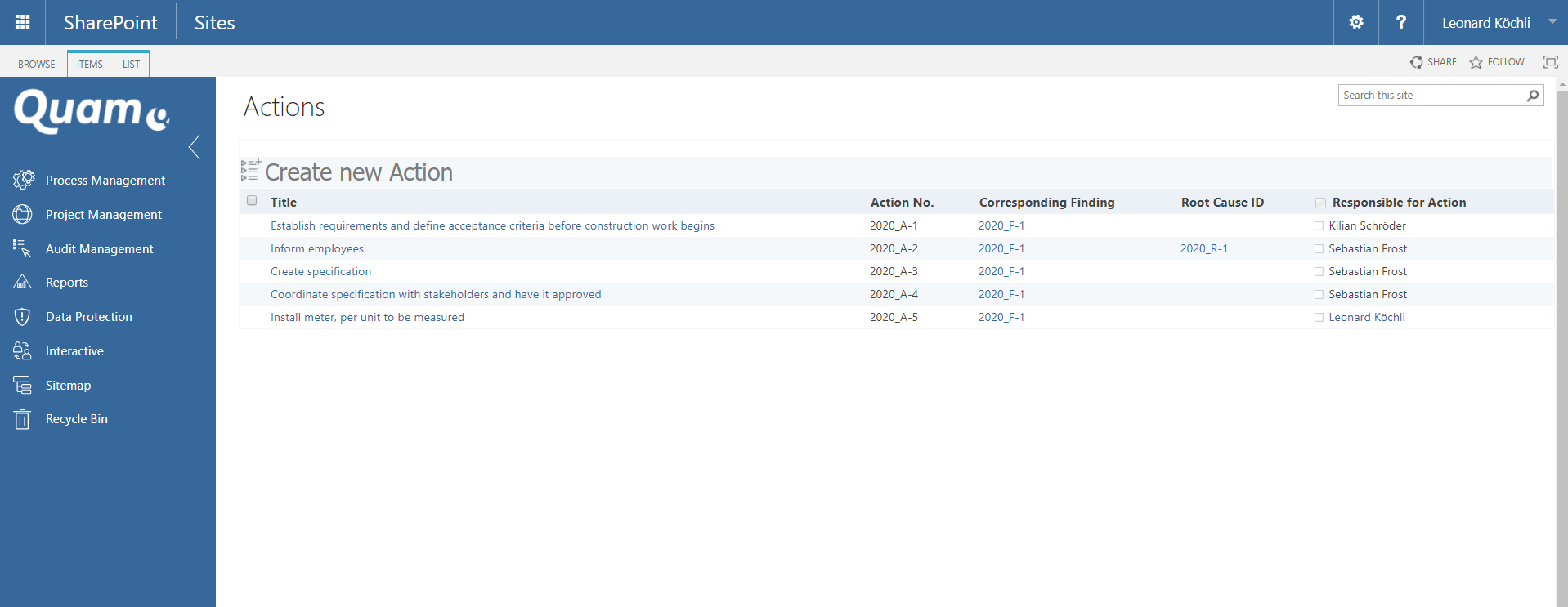 Action tracking of change management