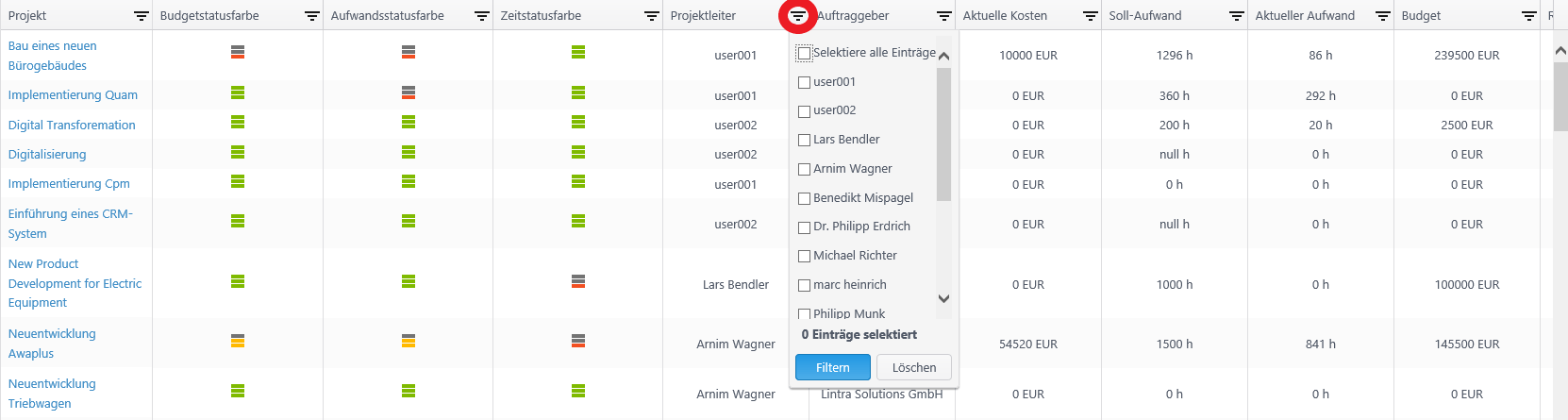 Filteroptionen von Quam 