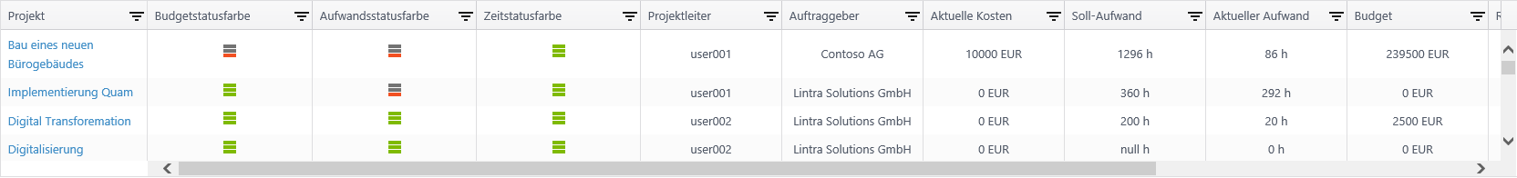 Wesentliche Statusindikatoren angezeigter Projekte