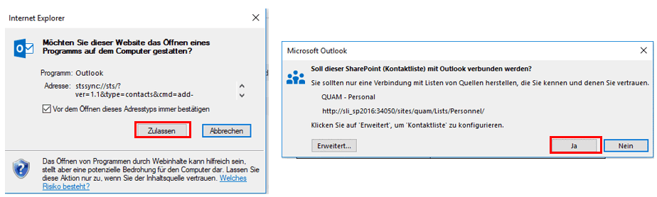 Kontaktliste mit Outlook verknüpfen zulassen